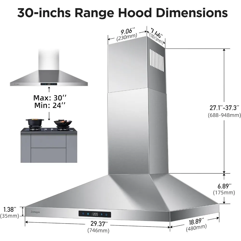 30 inch Stainless Steel, Wall Mount Stove Hood Ducted/Ductless Convertible with 3 Speed Kitchen Vent Hood, Touch Control