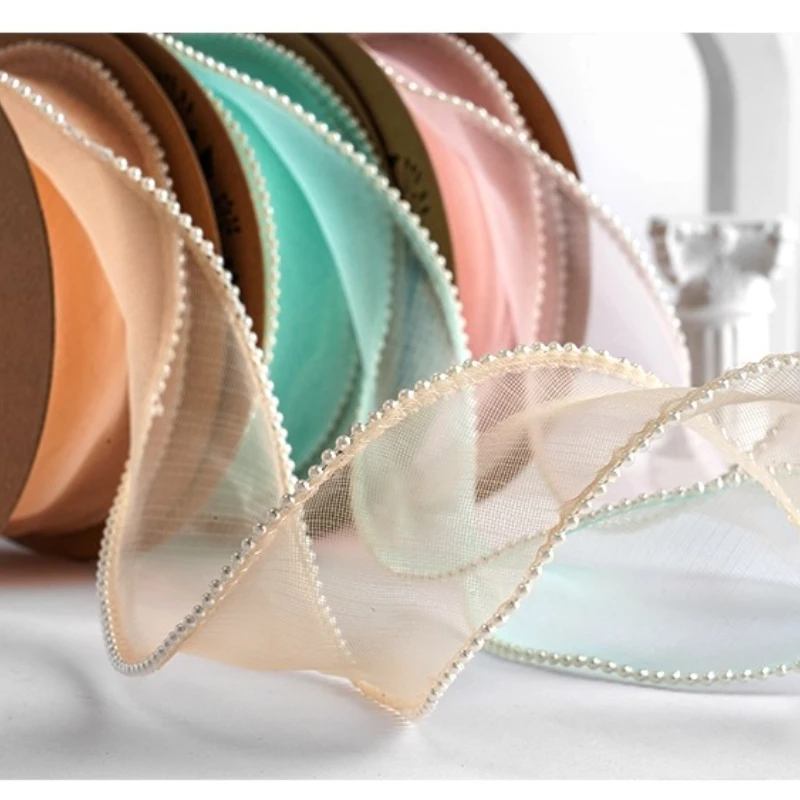 5 미터/롤 4CM 너비 진주 가장자리 물고기 꼬리 원사 리본 활 DIY 꽃 꽃다발 포장 리본 의류 장식 액세서리