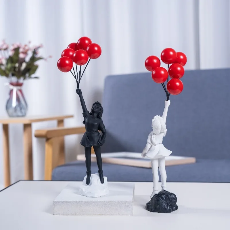Resin Handicrafts Flying Balloon Girl Statue Odorless Balloon Girl Banksy Sculpture Black Love Desktop Home Decoration