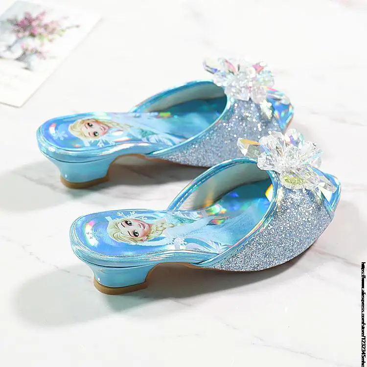 Disney Frozen Elsa Fashion Slippers Girls Summer Children\'s High Heels Kids Princess Crystal Sandals Outside With Bow