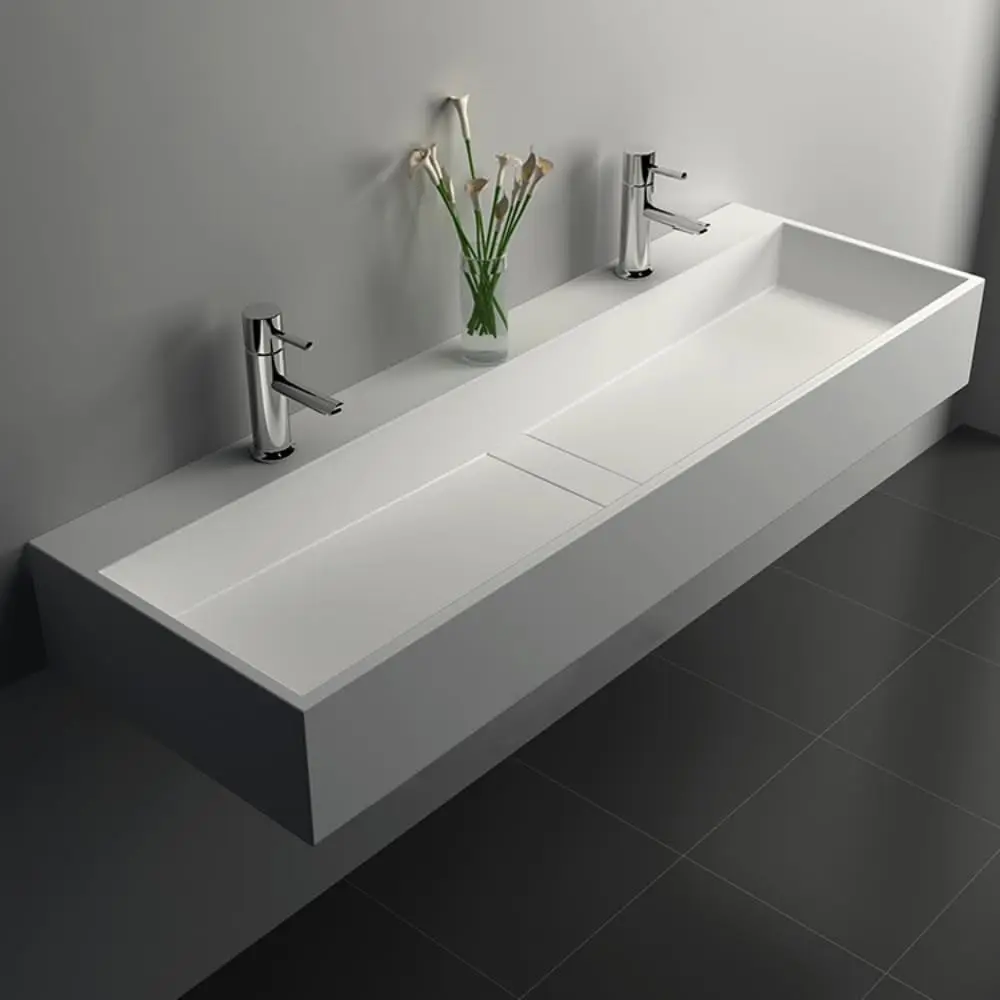 47'' Bathroom Vessel Sink Double-Bowl Bathroom Sink Wall Mounted Trough Floating Sink in Matte White