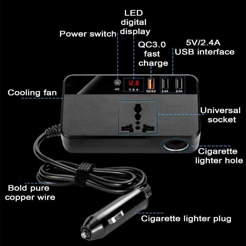 200W Portable Car Inverter Car Fast Charger Converter Power Adapter with 3 USB Ports Cigarette Lighter Plug for Outdoor Camping