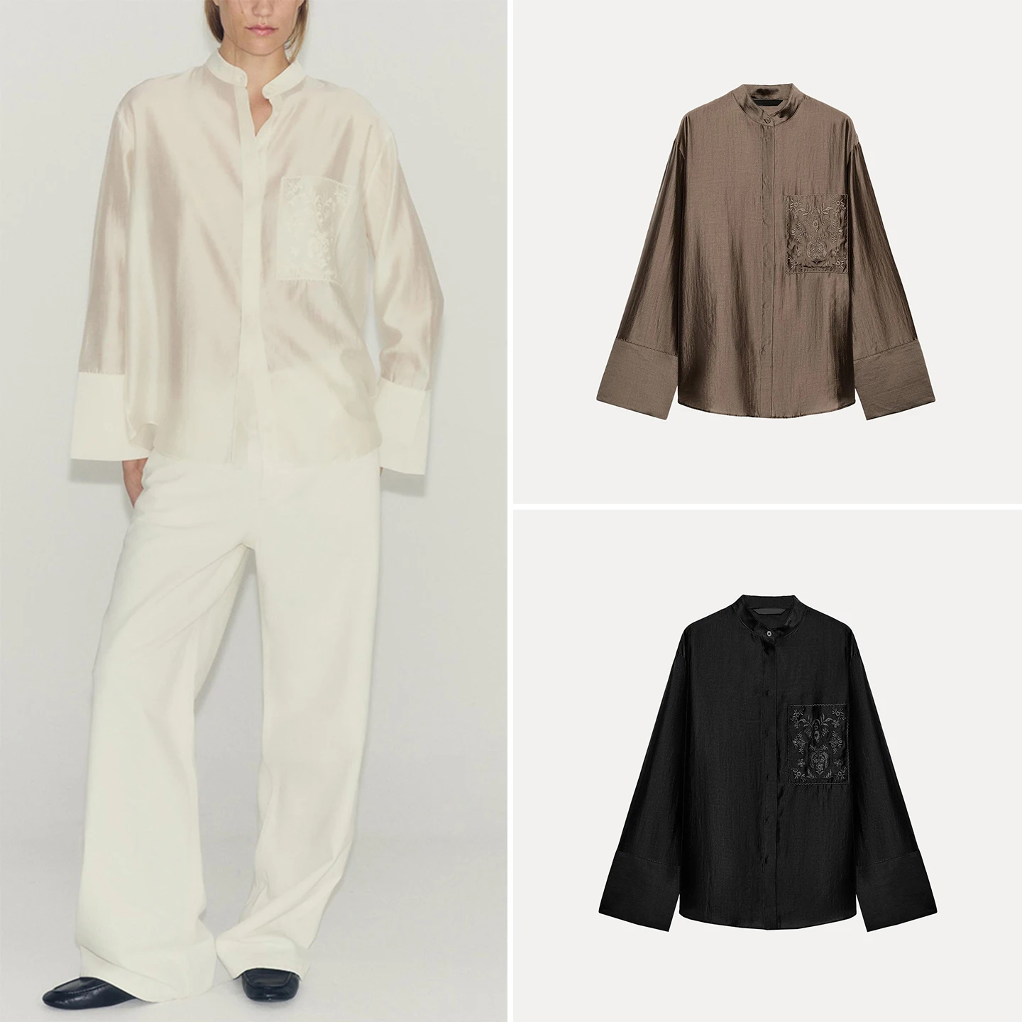 Fashionable Long Sleeve Stand Collar Embroidered Pocket Shirt Women's Autumn Wear 2026 New Arrival Personalized Style ZADATA
