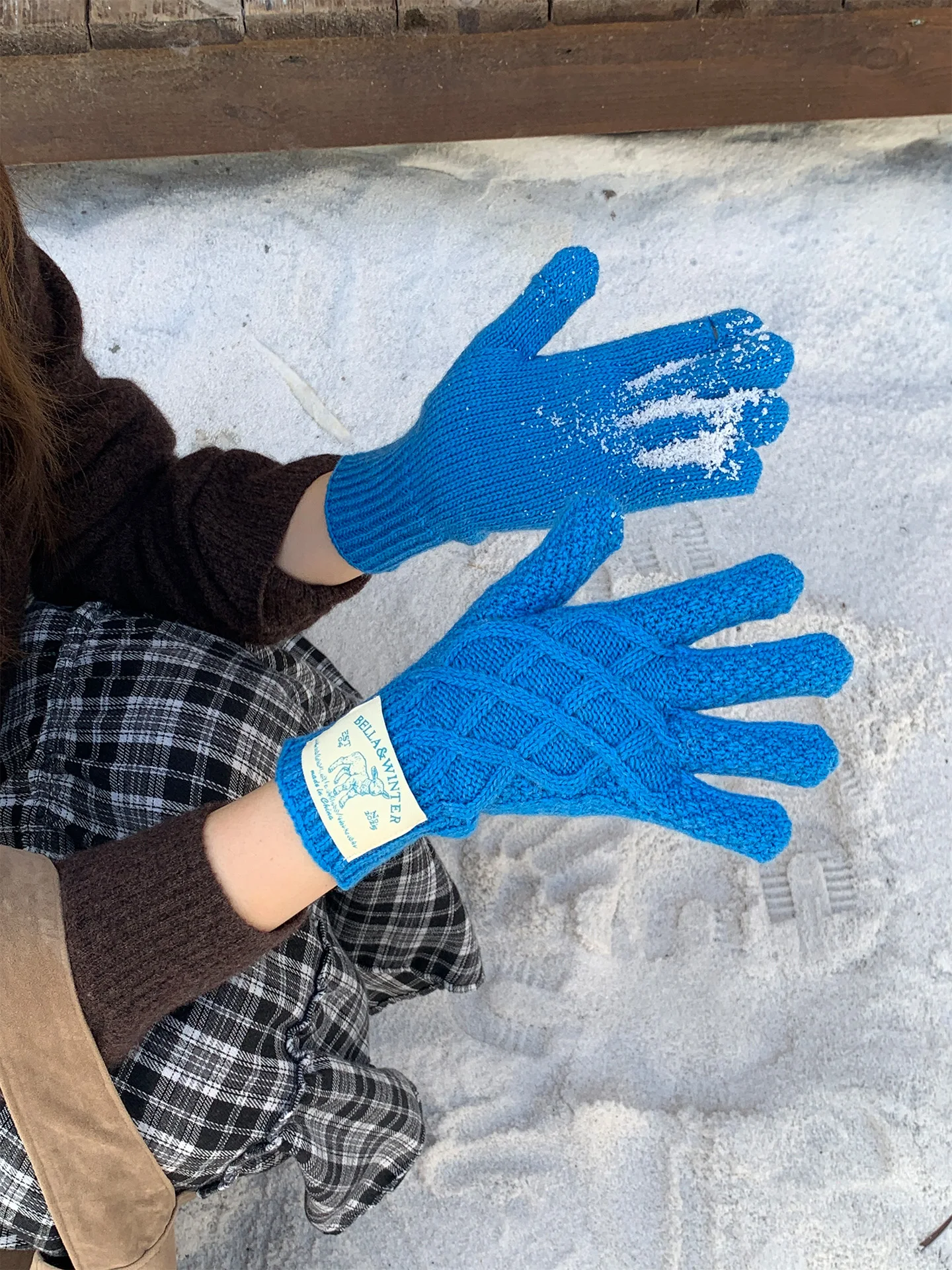 Thickened Winter Touchscreen Gloves Women's Fall New Style  Vehicle Riding Warmth Fingerless Gloves Blue Diamond Pattern