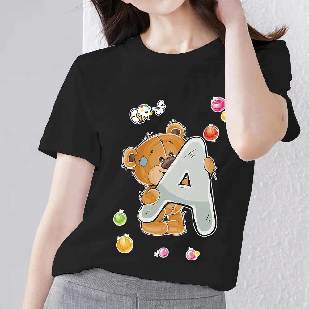 T-shirt oversize da donna in cotone a maniche corte con stampa orsetto e lettere inglesi, stile casual comodo