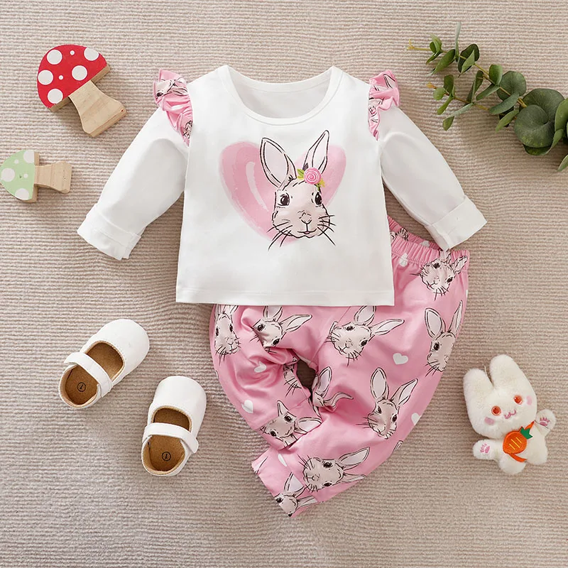 Cartoon Printed Fashion Baby Clothing Casual Clothes Fashion Printed pretty Spring Autumn Girl Long sleeve pants suit pinkwhite