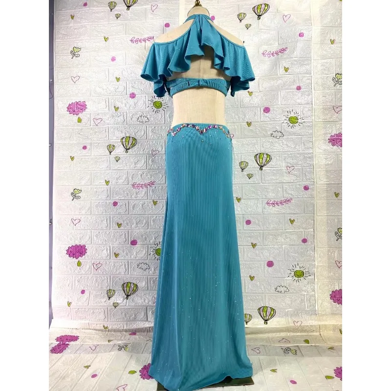 Costume di danza del ventre orientale personalizzato Abito lungo monopezzo con intarsio di diamanti Abiti da spettacolo Reggiseno di danza del ventre uniforme di gruppo