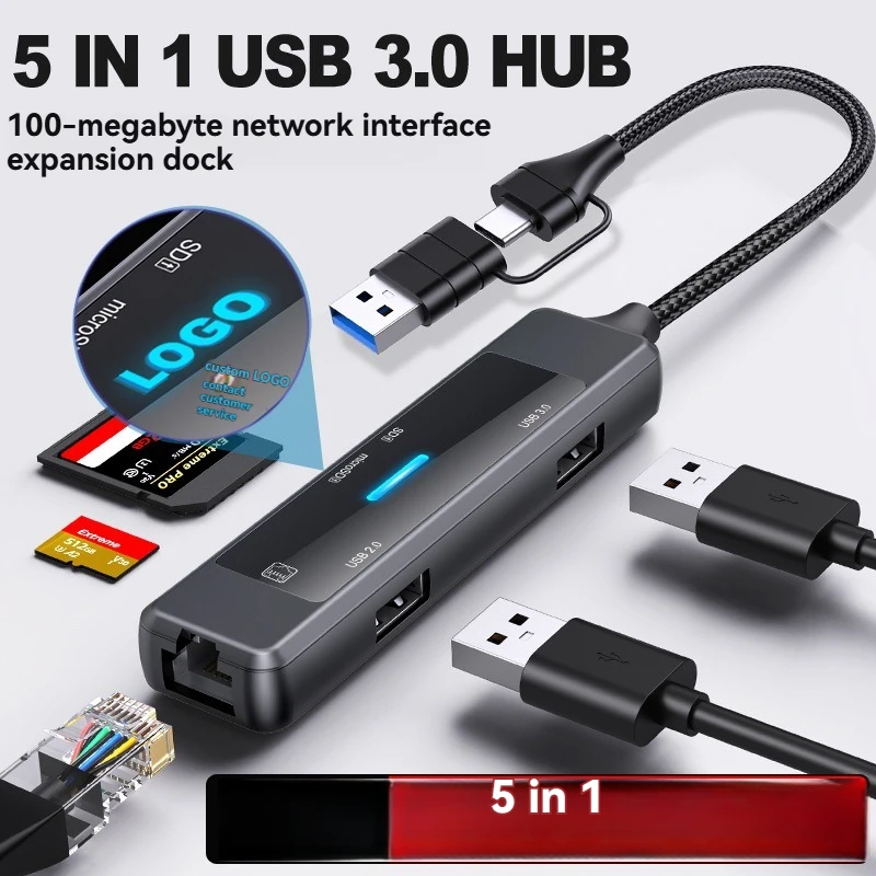 

Type-C Docking Station Network Port Splitter 3.0 Hub Five-In-1 Driver-Free Double-Head 100m USB Docking Station