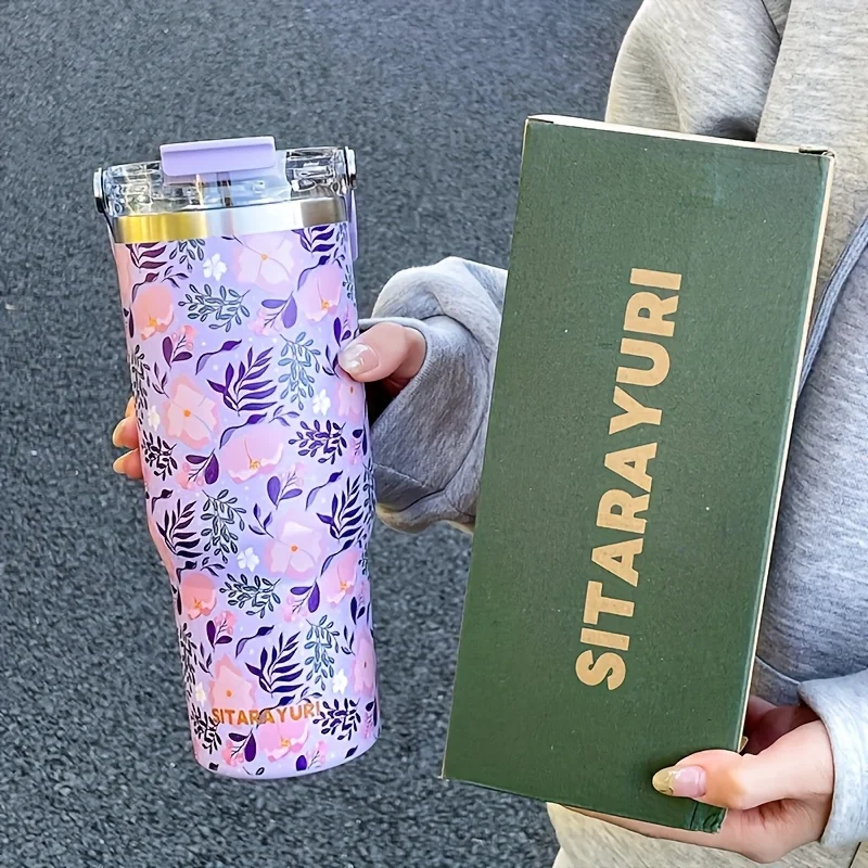 1pc Lightweight Luxury Floral Stainless Steel Thermos Flask 900ML Large Capacity Outdoor Water Bottle with Straw and Handle