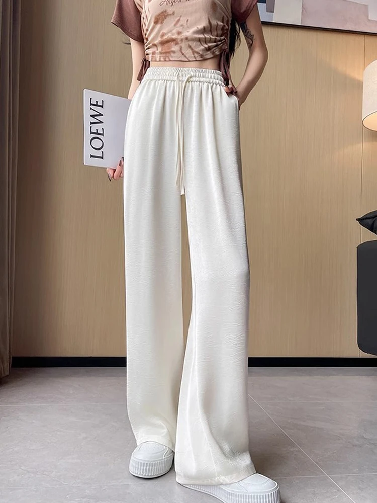 

FSMG New Casual Ice Silk Drawstring Satin Wide Leg Pants Fashion Solid Loose High Waist Straight Trousers Female Soft Full Pants