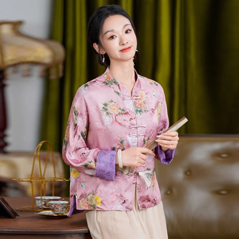 

Фиолетовая рубашка на пуговицах в стиле ретро, рубашка с длинными рукавами в китайском стиле, традиционная китайская одежда для женщин