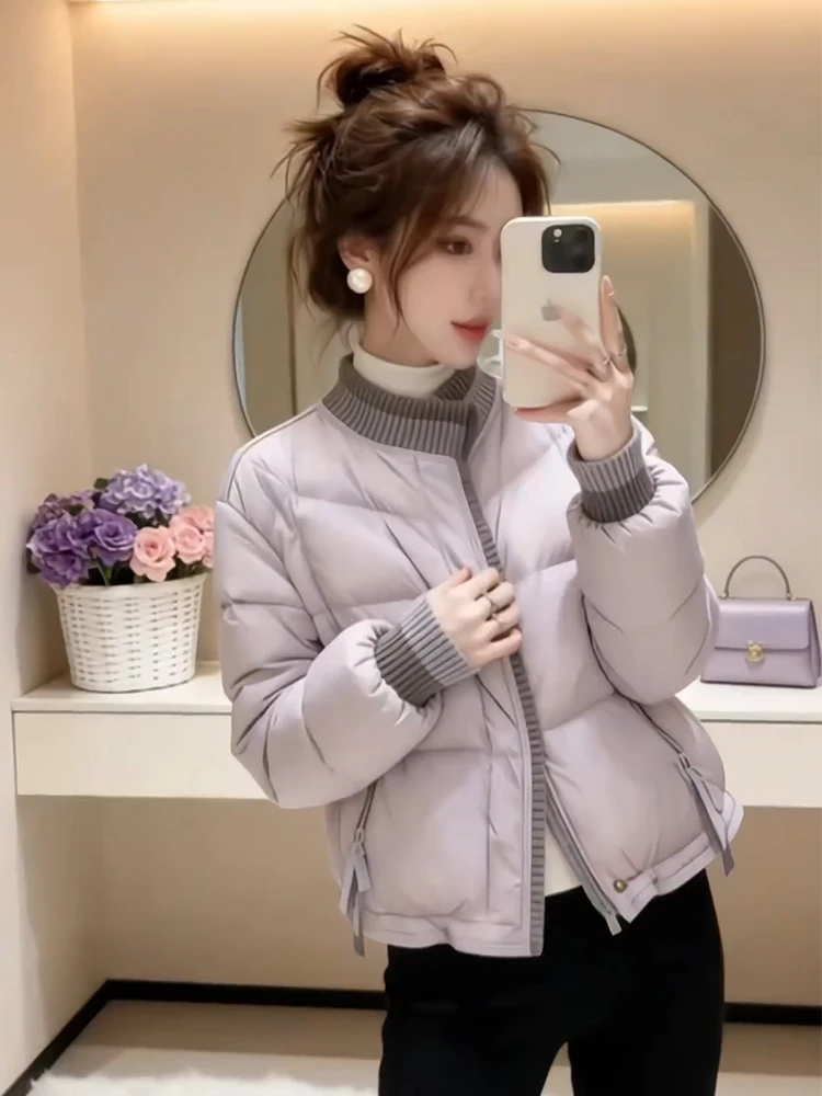 

Thiened ort Purple Cotton Jaet Women's Winter Faion Splicing Design Stand Collar Coat Korean Sle Loose Fit Coat