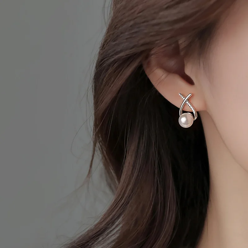 Exquisite Temperament 925 Sterling Silver Inlaid Tiny Zircon Crossed Pearl Stud Earrings for Woman Jewelry Accessories Colorfast