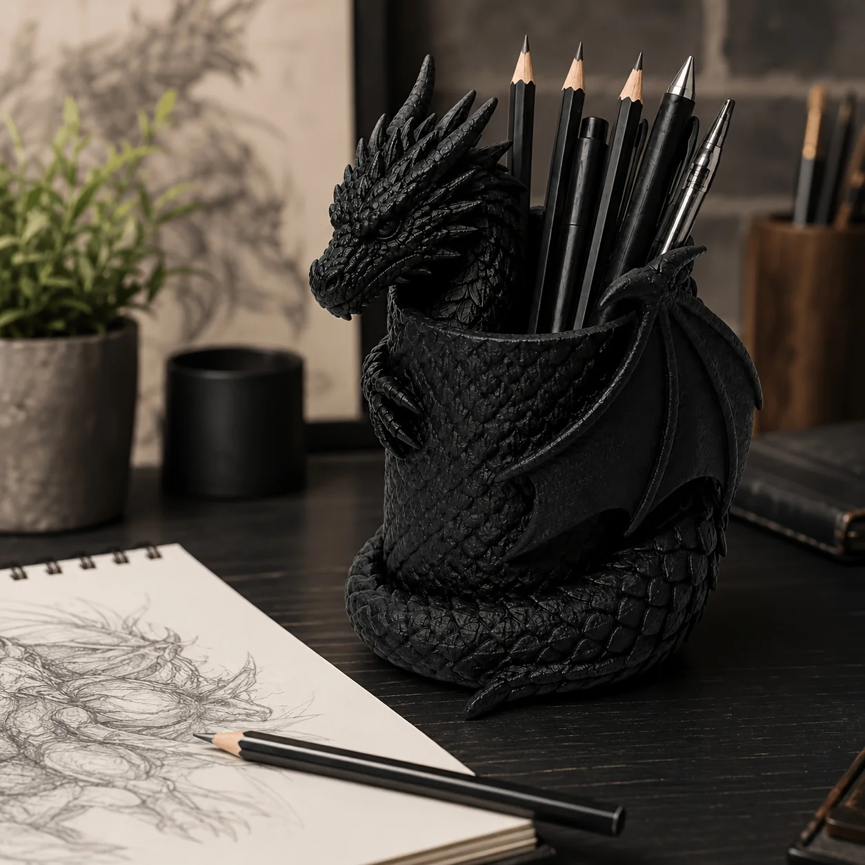 3D Printed Dragon Pen Holder Flying Dragon Desktop Stationery Organizer Gaming Room Desk Decoration Halloween Gothic Ornament