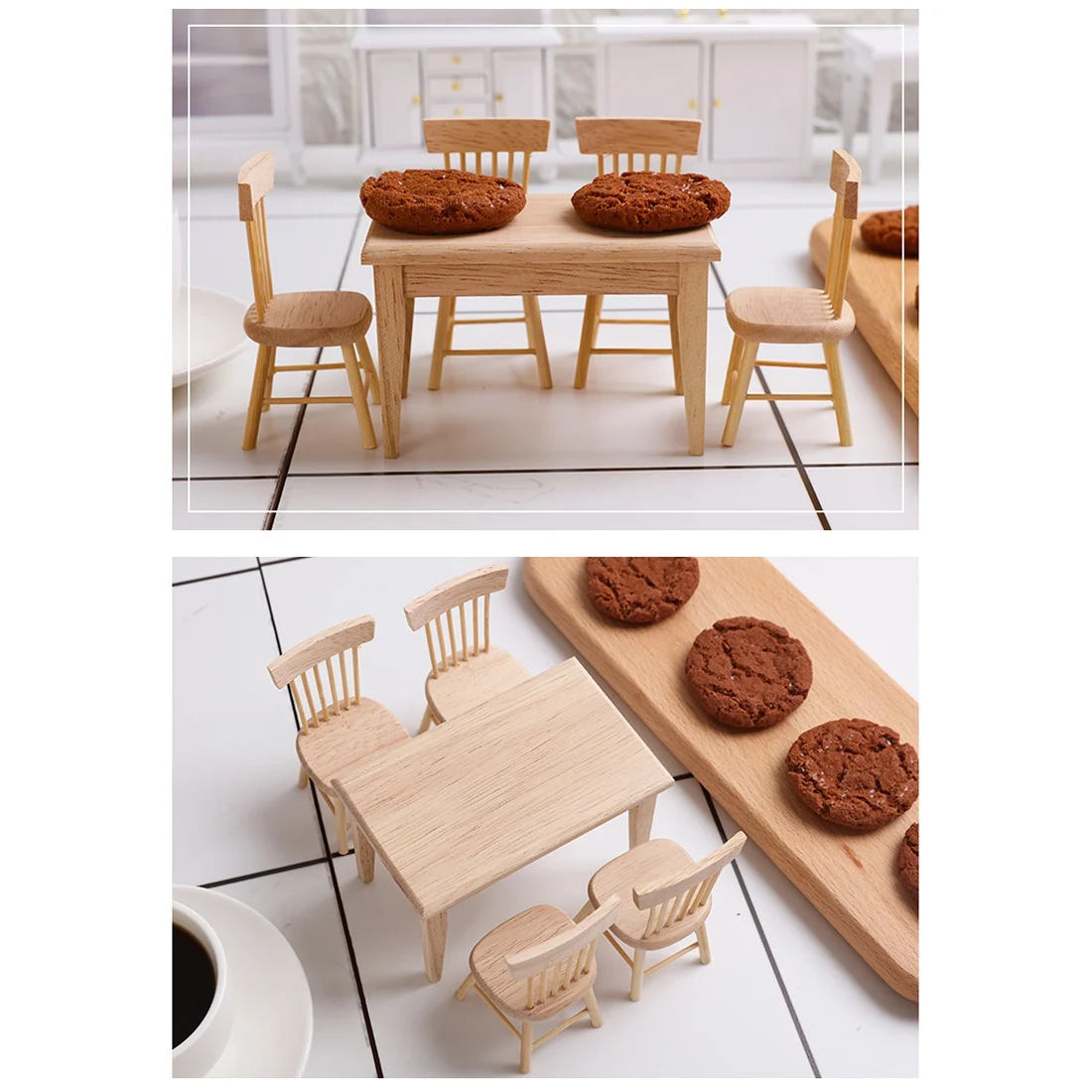 1/12 Wooden Dollhouse Furniture of Table & Chair Set, Miniature Dollhouse Accessories of Dining Room Accessory