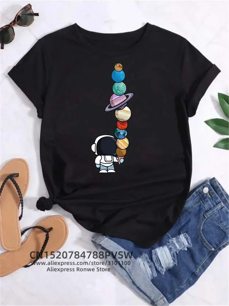

Pop Women Funny Moon Space Planet Print T Shirt Girl Casual Round Neck Short Sleeve Clothes Female Vintage Tops