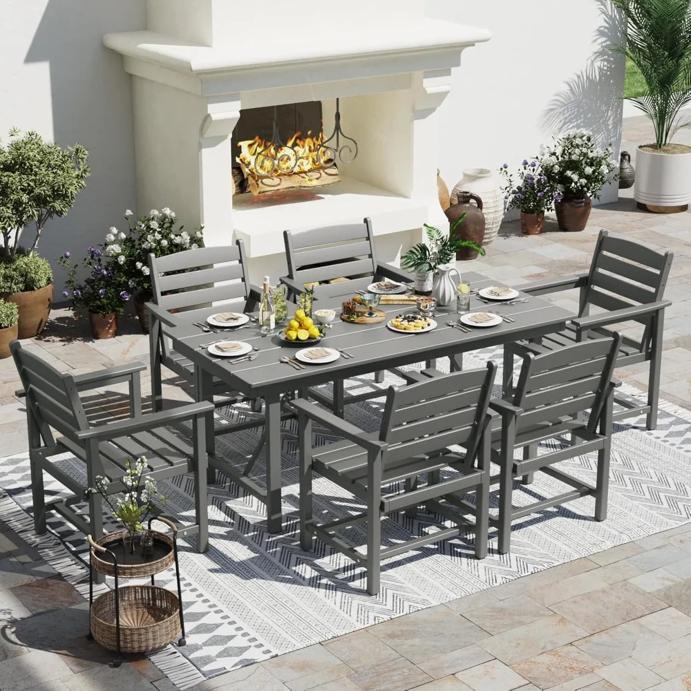 

7-Piece Patio Dining Sets, HDPE Outdoor Furniture with Umbrella Hole, Modern 7 Piece Dining Table Set with Chairs，Patio Table an