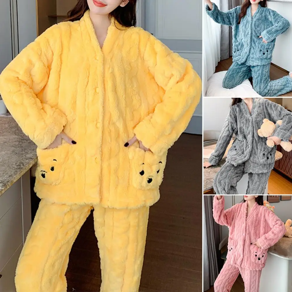 Women Winter Thickened Coral Fleece Pajamas Trousers Long Sleeve Plaid Jacquard Cardigan 2PCS Set Warm Leisure Flannel Nightwear