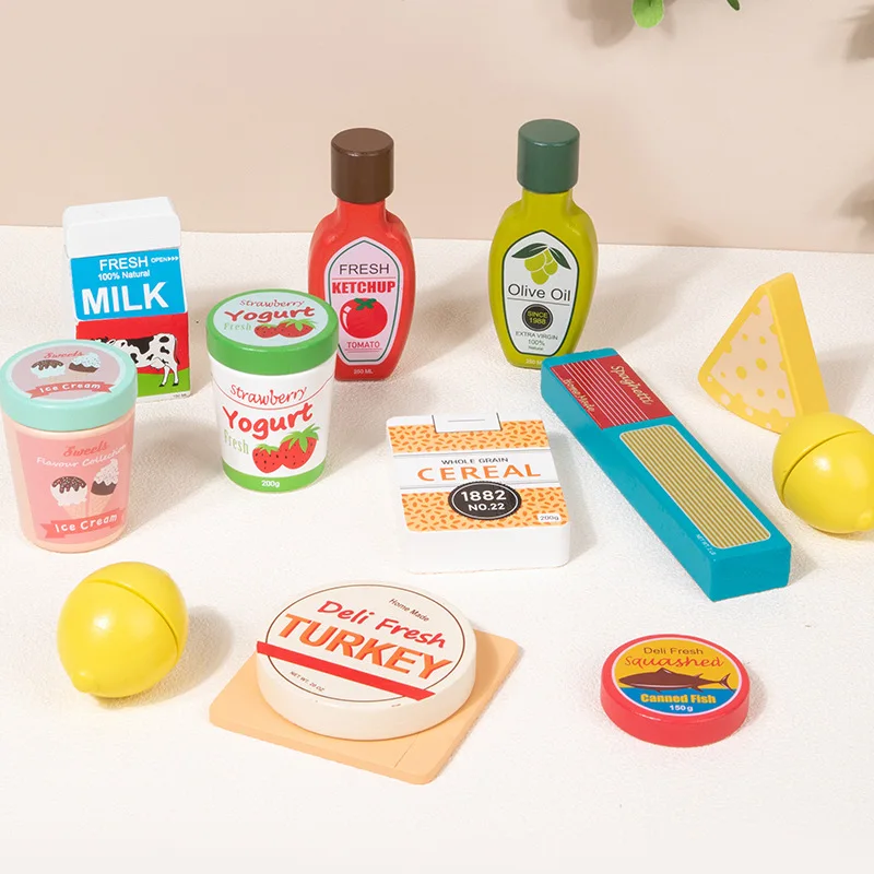 Conjunto de festa de chá de madeira jogar comida latas de mercearia jogar acessórios de cozinha incluem iogurte, leite, sorvete, azeite presentes para crianças