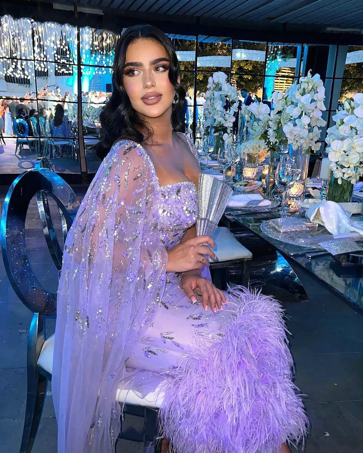 Arabic Elegant Lilac Feathers Midi Evening Dresses with Shoulder Cape Sleeve Women Formal Prom Gowns for Wedding Party Events