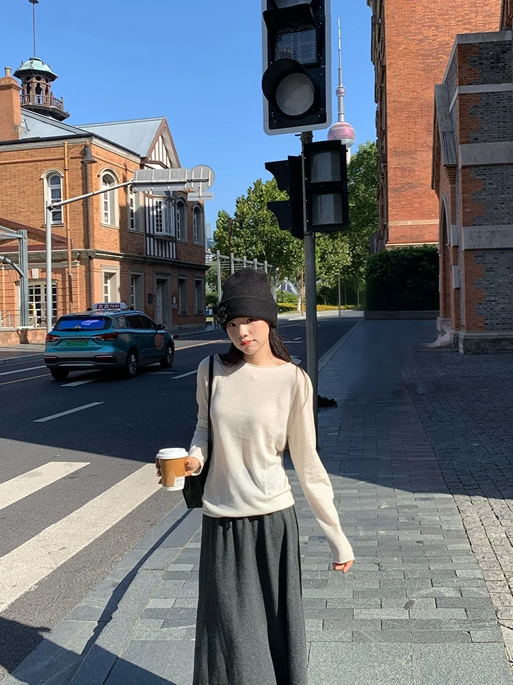 

Ультратонкий шерстяной вязаный свитер из 100% шерсти Yangzhou Silk, мягкий, цельный, цвета арахисового сахара, женский, с длинными рукавами