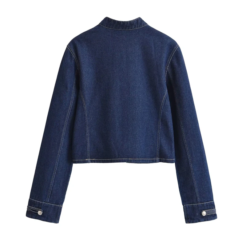 KEYANKETIAN 2026 Women Military Style Denim Jacket Stand Collar Cropped Coat Silver Multi‑Button Decor Vintage Street Outerwear