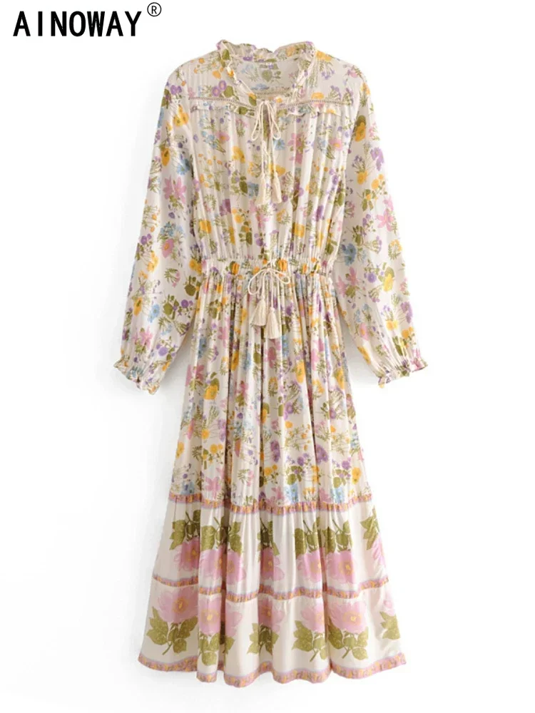 Vintage Chic Women Floral Print Beach Bohemian Maxi Dresses Robe Ladies Ruffled Tie Neck Rayon Cotton Summer Boho Dress Vestidos