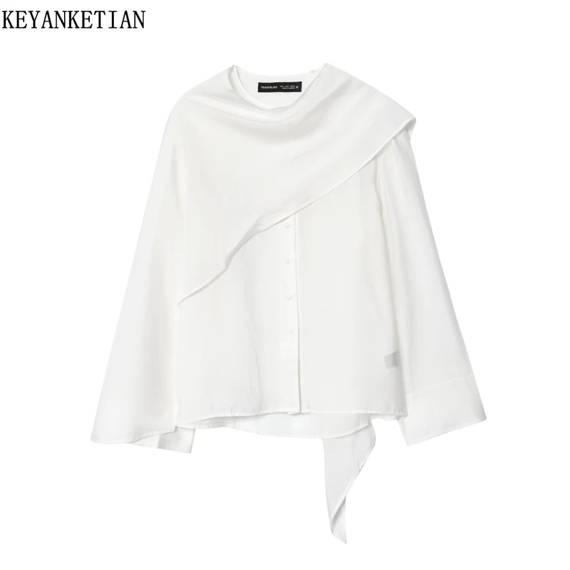 

KEYANKETIAN 2026 Spring New Women's Cape Shirt Fashion Chic Asymmetrical Decoration Single Breasted Long Sleeve Blouses Top