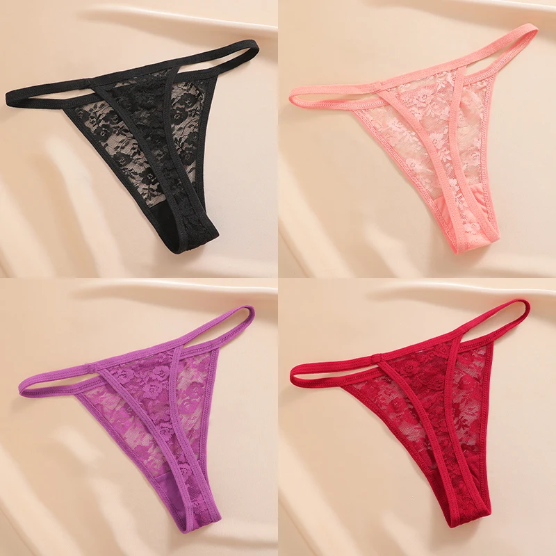 4-teiliges Set Damenunterwäsche Spitzen-Höschen Blumenmuster Lingerie Sexy Tanga G-String Transparente Intimwäsche