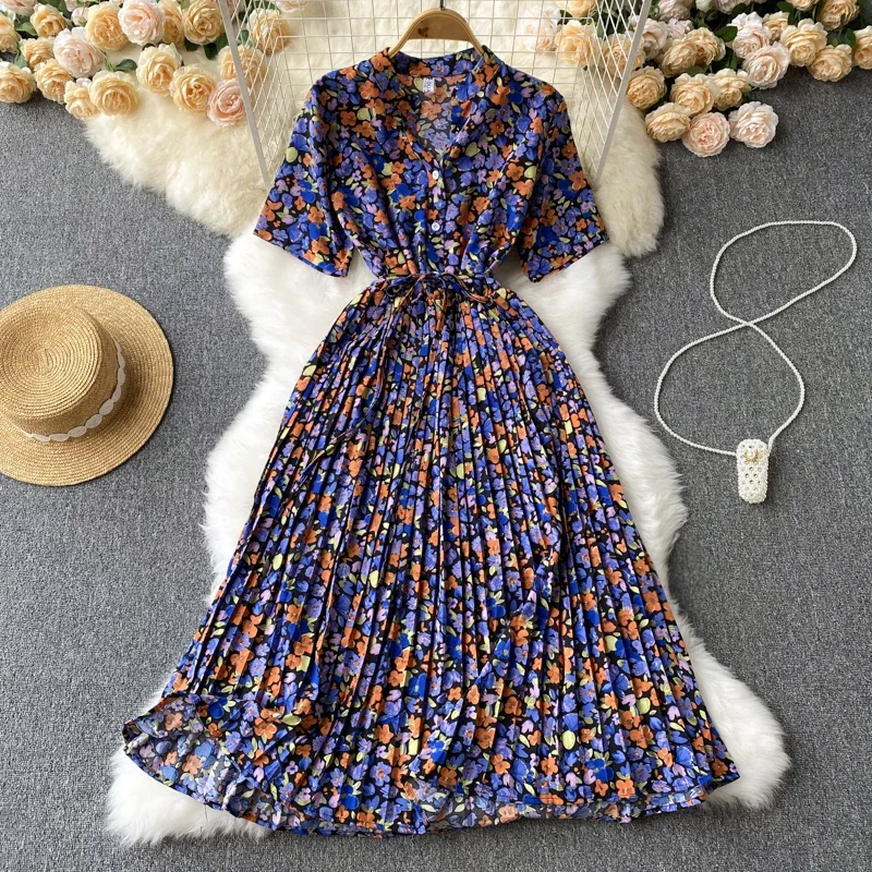 Robe longue à bandes pour femmes, col en v, manches courtes, Slim, Chic, douce, florale, ourlet plissé, robe de vacances, nouvelle collection été 2026