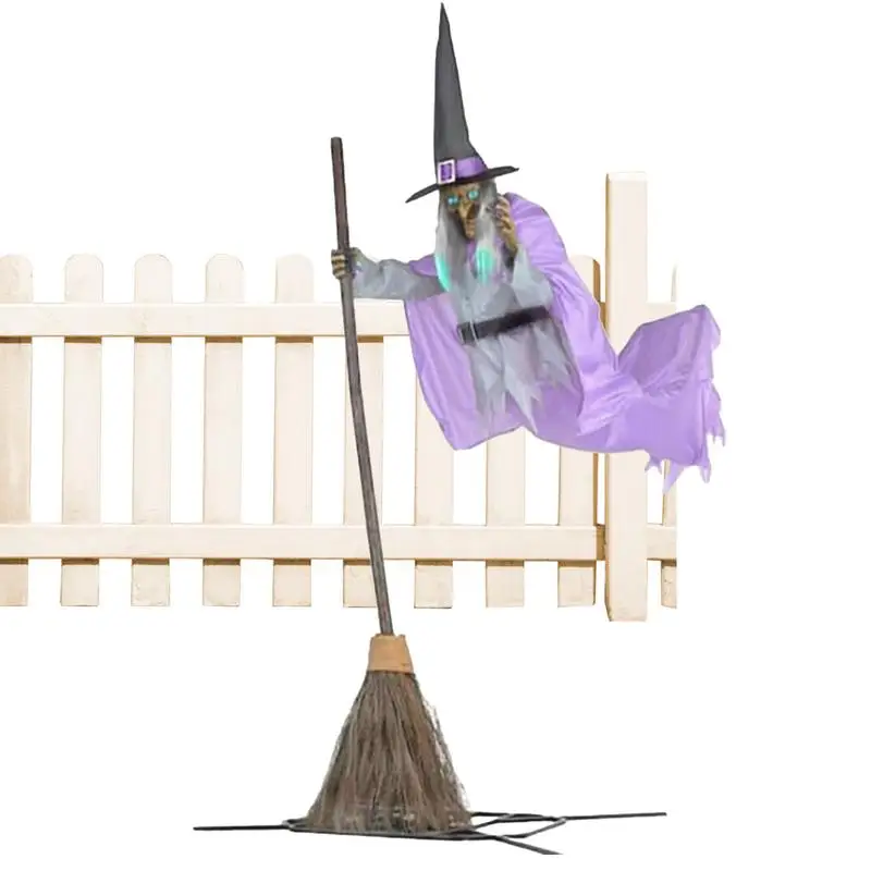 

Flying Witch Decorations Halloween Outdoor Witch Decor With Broom Horror Layout Party Decoration With Lighted Eyes For Cosplay