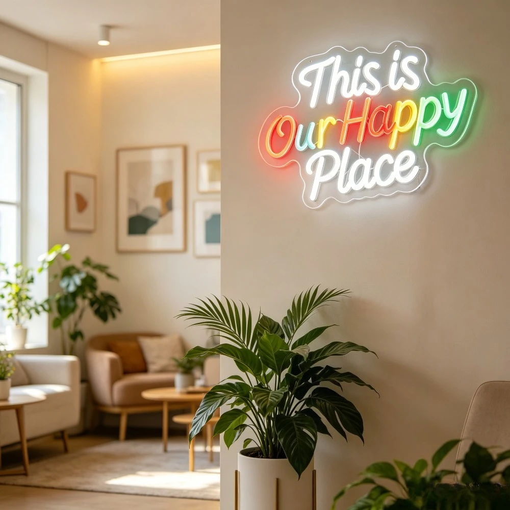 Happy Place Neon Sign LED Wall Art Lighting This Is Our Happy Place Decor for Bedroom Living Room Nursery Dorm Room Gift - view 5
