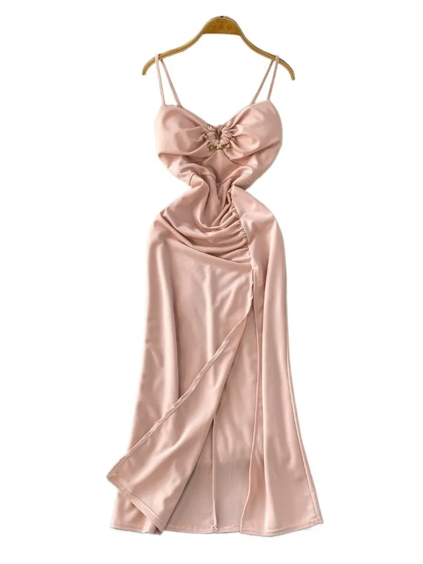 Foamlina Vestido largo de satén con abertura para mujer, vestido veraniego con tiras para mujer, fiesta de vacaciones, elegante, Sexy, con cuello en V, sin espalda, blanco acolchado