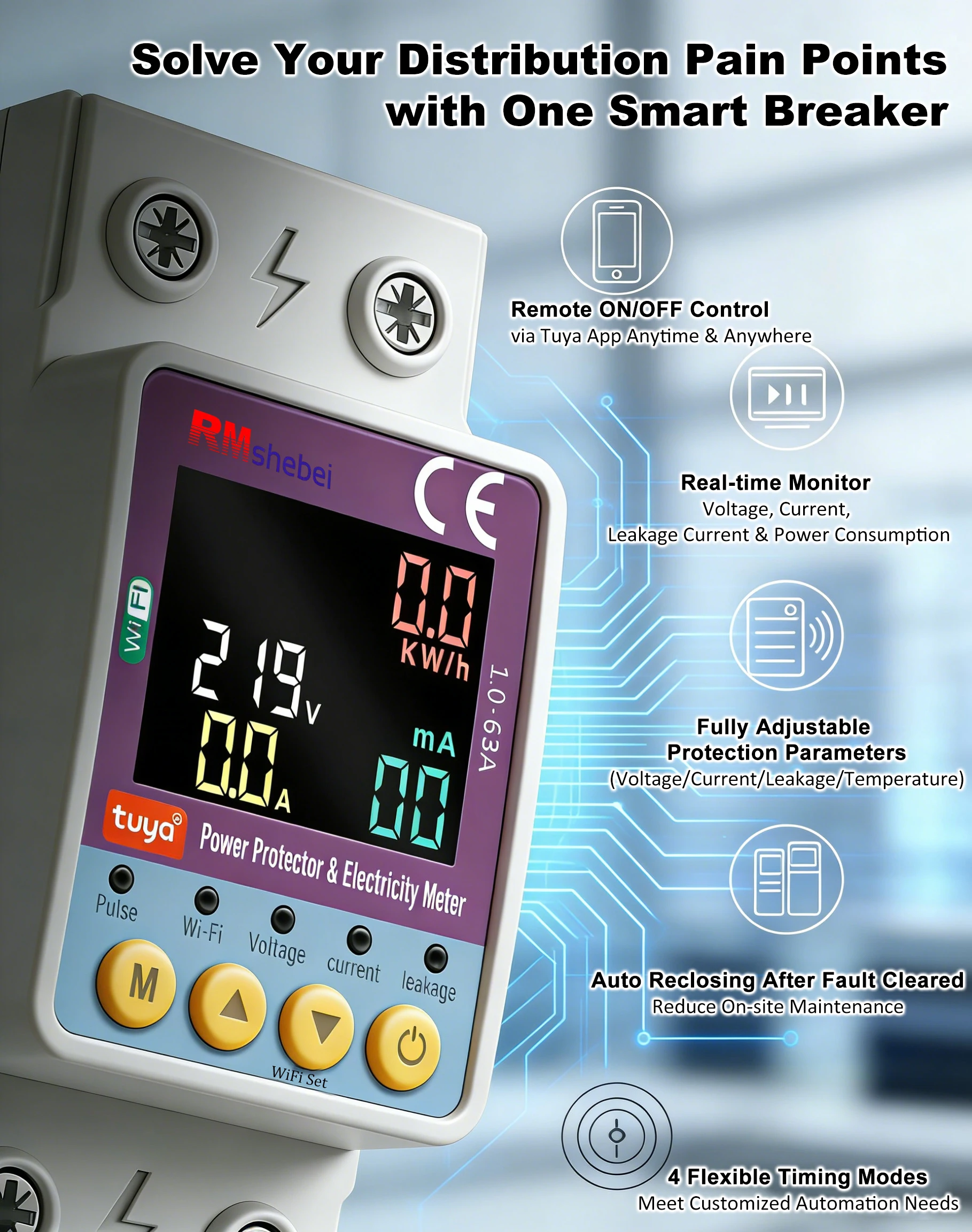 RMshebei Tuya Smart WiFi Circuit Breaker 220V 2P 63A Remote Control Overvoltage Undervoltage Overload  Leakage Protection