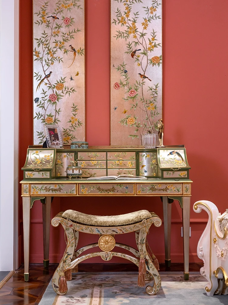 European and French luxury solid wood sticker gold and silver leaf painted flowers, birds, piano table, dressing table chair