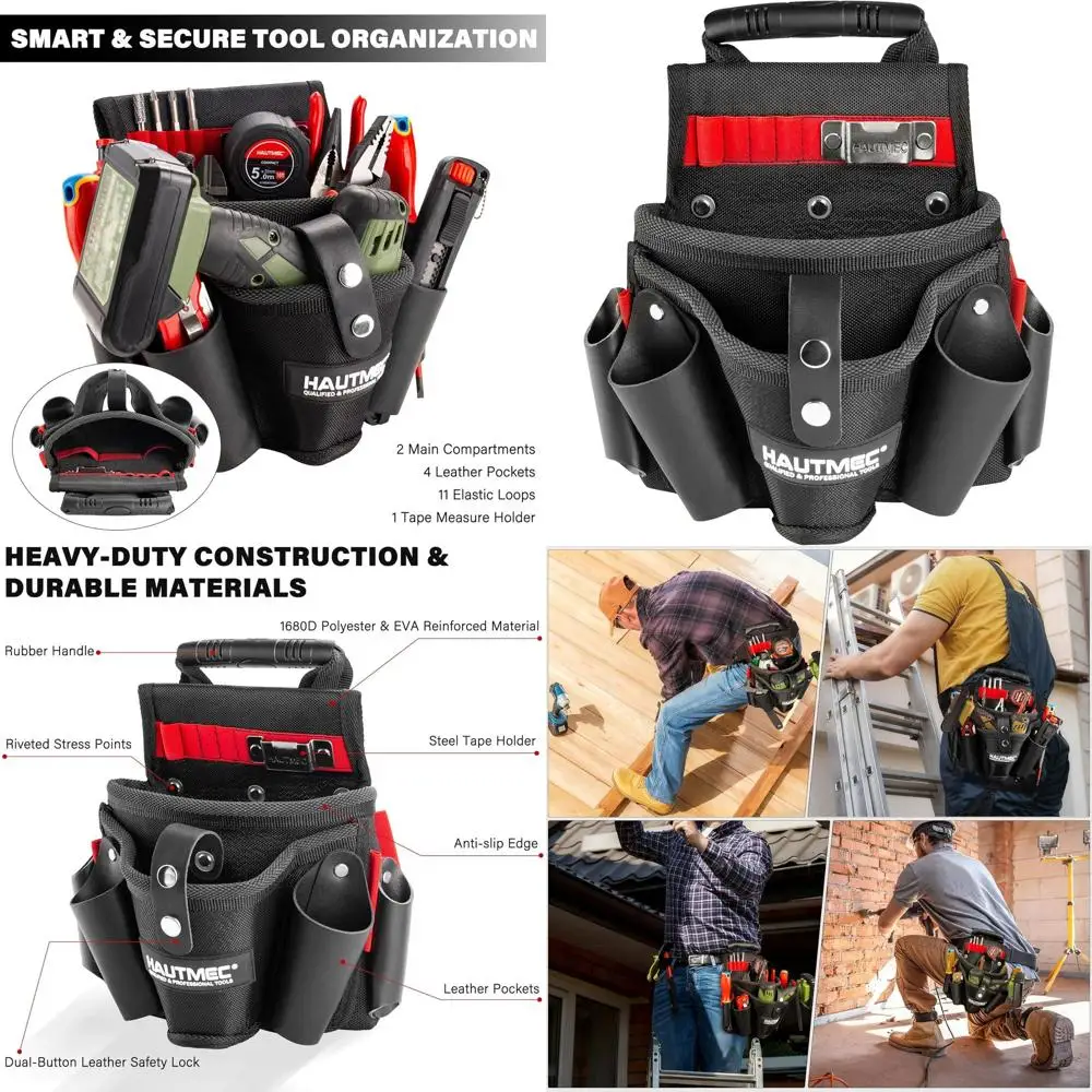 

Rugged 1680D Drill Holster Tool Bag with Rubber Grip, 2 Large Compartments, 4 Leather Pouches, 11 Elastic Bands, Tape Measure Ho