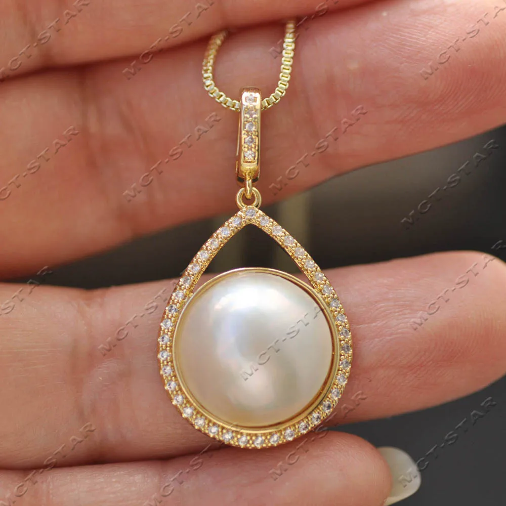 Z14420 Real 26mm White South Sea Mabe Pearl Drop CZ Pendant