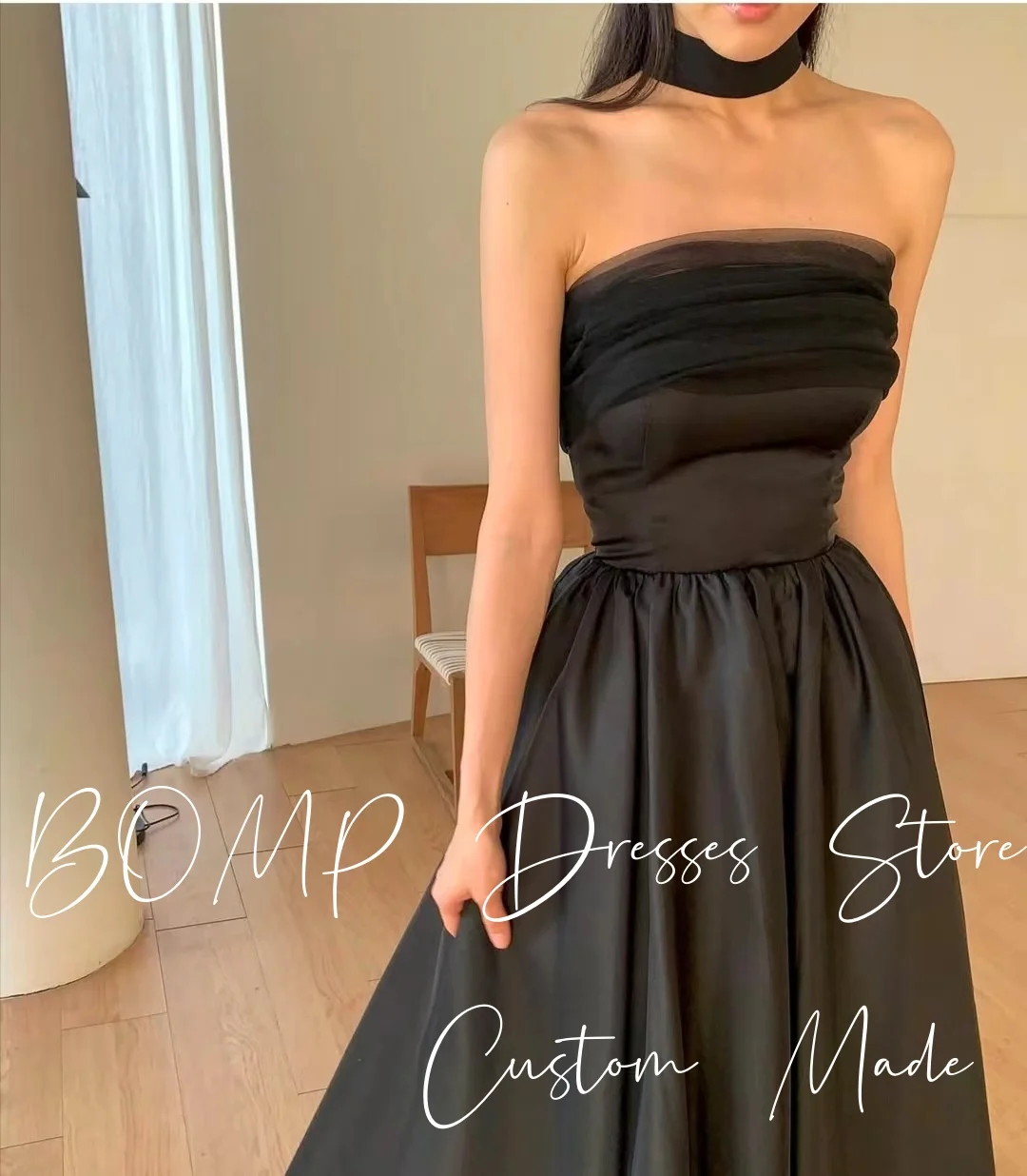 BOMP – robe de soirée de mariage noire élégante, sans bretelles, écharpe amovible, ligne a, taffetas de soie, séance Photo coréenne, robe de mariée personnalisée
