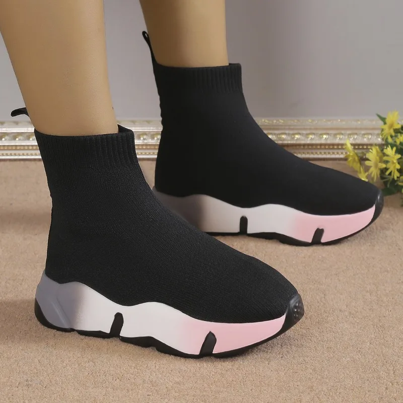 Women Platform Sneakers Black Lightweight Socks Boot Fashion Knitted Breathable Sports Shoe High Top Elastic Fabric Casual Shoes