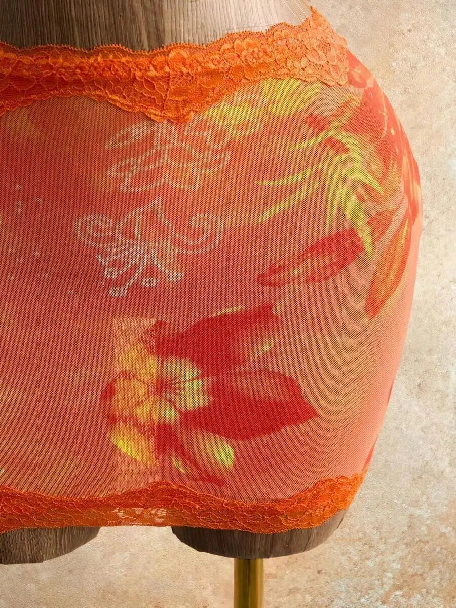 

Orange Floral Mesh Lace Trim Two Piece Set Womens Boho Mini Skirt And Bustier Top