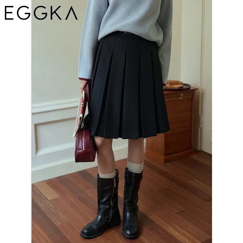 EGGKA Vintage High-waisted Pleated Mid-skirt with Belt Women's Autumn Winter Commuter Knee-length Skirt 2024 Fashion Gray Skirts