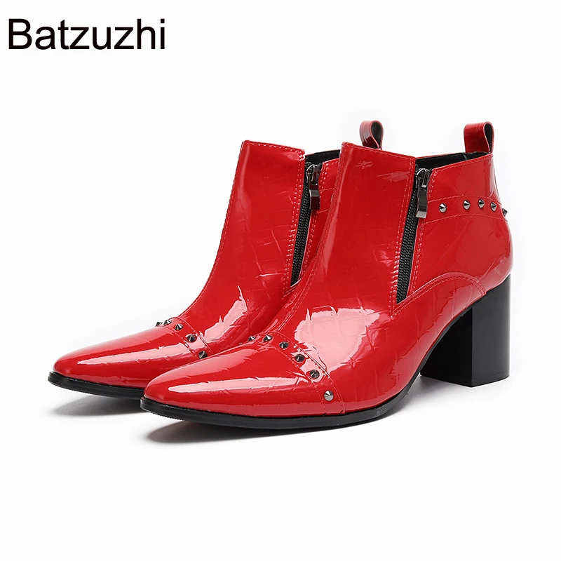 

Batzuzhi 7cm High Heels Men's Shoes Pointed Toe Red Patent Leather Ankle Boots Man Fashion Gentleman Party, Wedding Boots Man