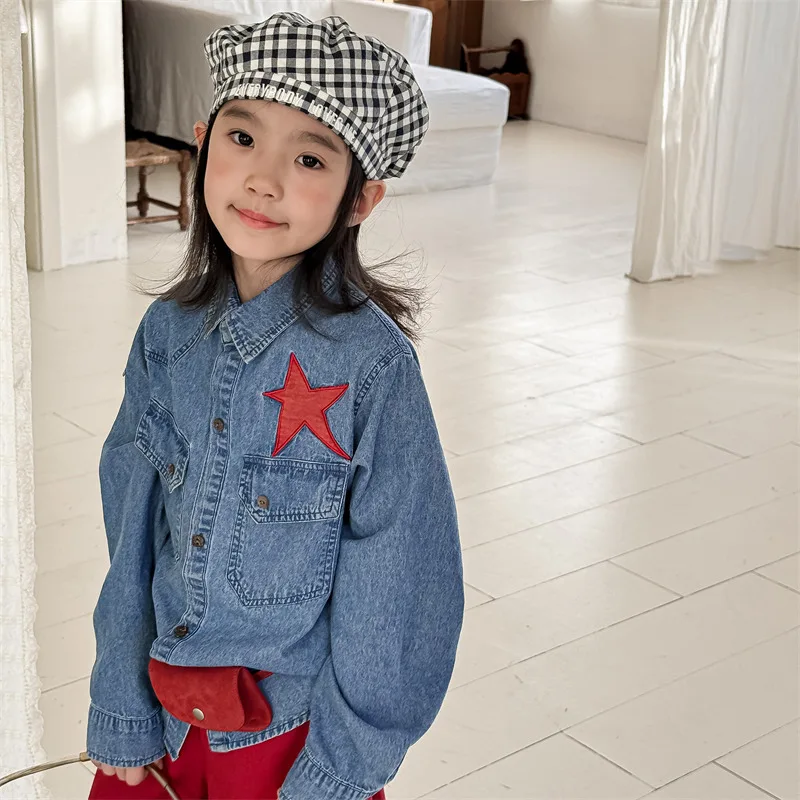 2025 Spring New Autumn Children's Clothing Japanese Version Washed Cotton Embroidered Shirt Girls' and Boys' Shirts