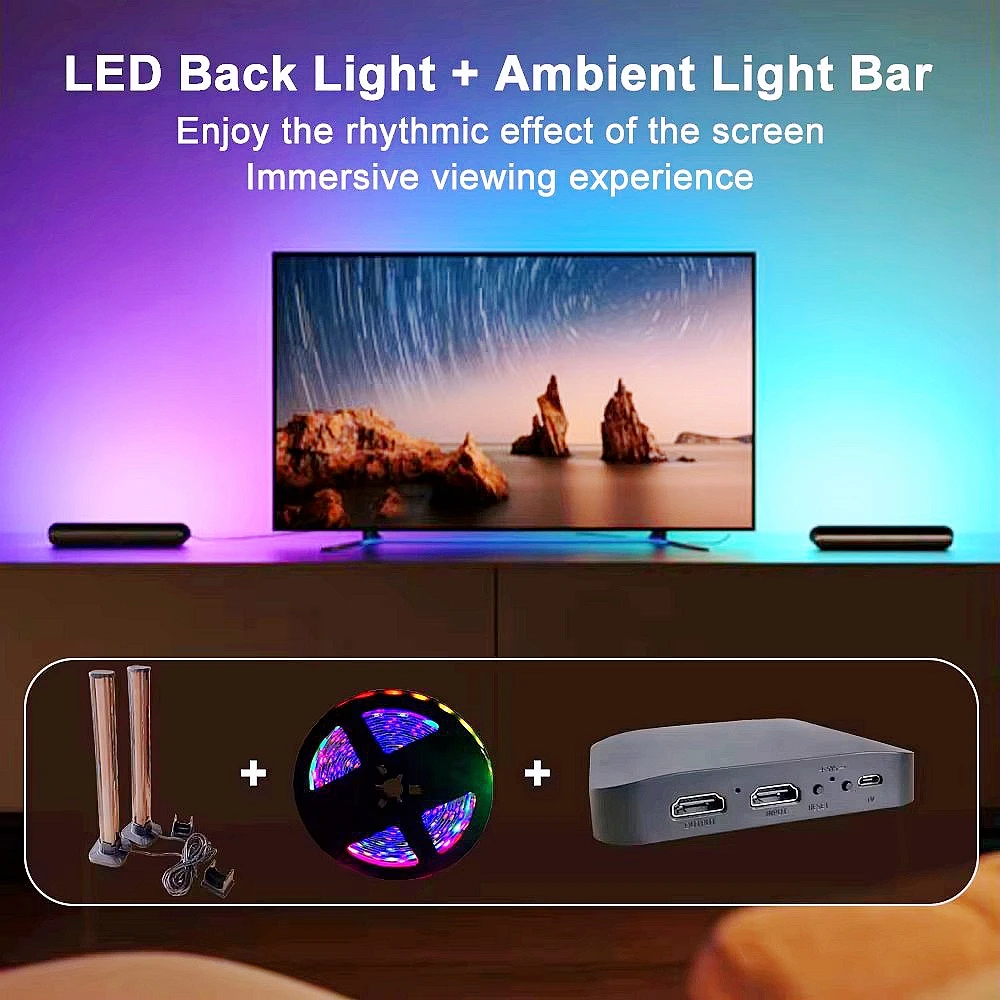 Smart TV Light Ambilight LED Backlit 4K HDMI Device Sync Box Wifi Alexa Google Voice App Control for 24-85 Inch Screen