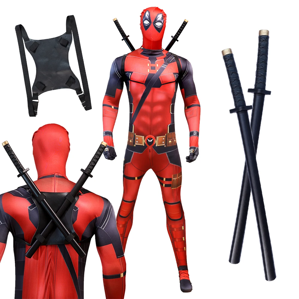 Adults Deadpool Swords Costume Kids Boys Superhero Cosplay Spandex with Accessories Christmas Present Birthday Gift