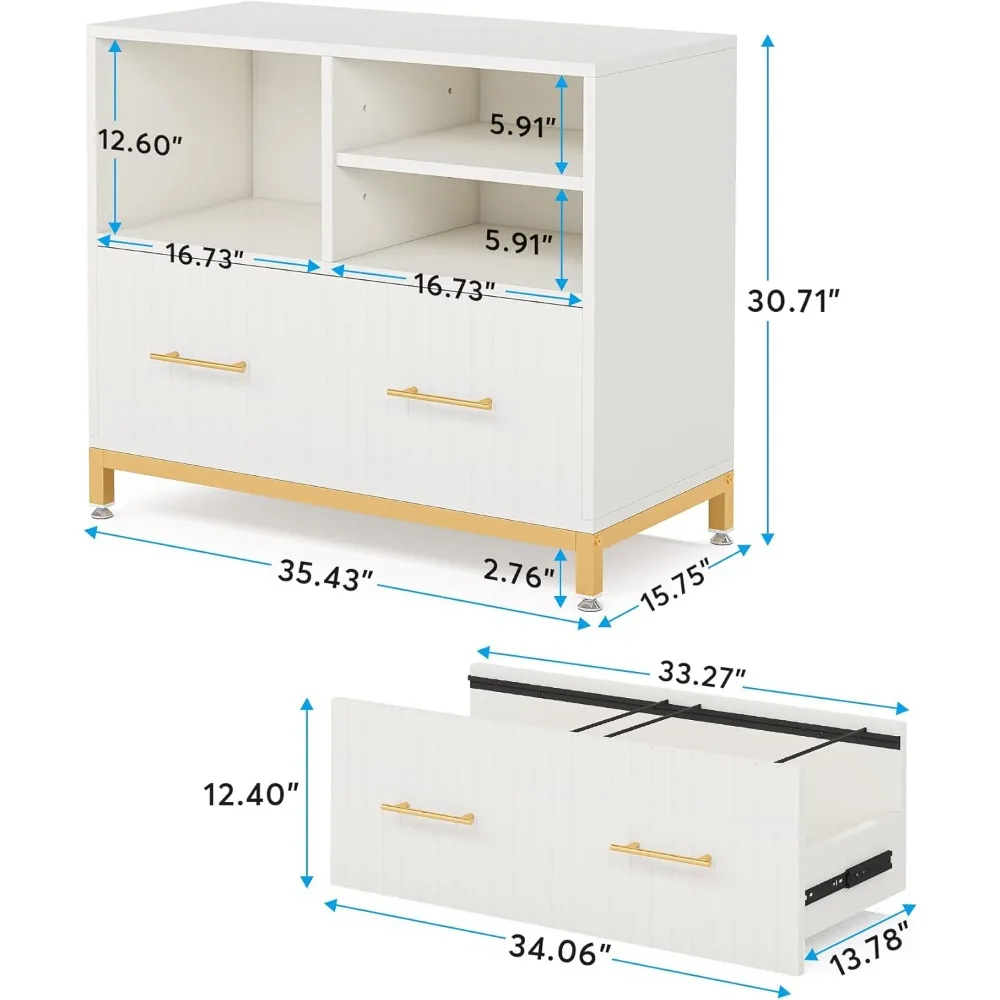 Adjustable Hanging Rod White Lateral File Cabinet for Letter/Legal/A4 Size Files with Drawer, Office Storage Solution