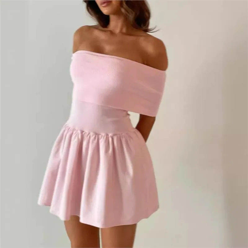 

Slash Neck Elegant Knit Women Dress A-line Pleated Sweet Pink Short Dress Fashion Party Clubwear High Waist Tutu Female Vestidos