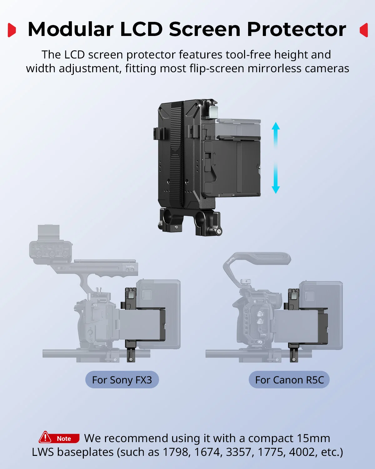 Zestaw mocowania baterii SmallRig V-Mount do prętów 15mm LWS dla Sony, Canon i aparatów DSLR z zaciskiem na pręt 15mm i osłoną ekranu. — zdjęcie produktu 4