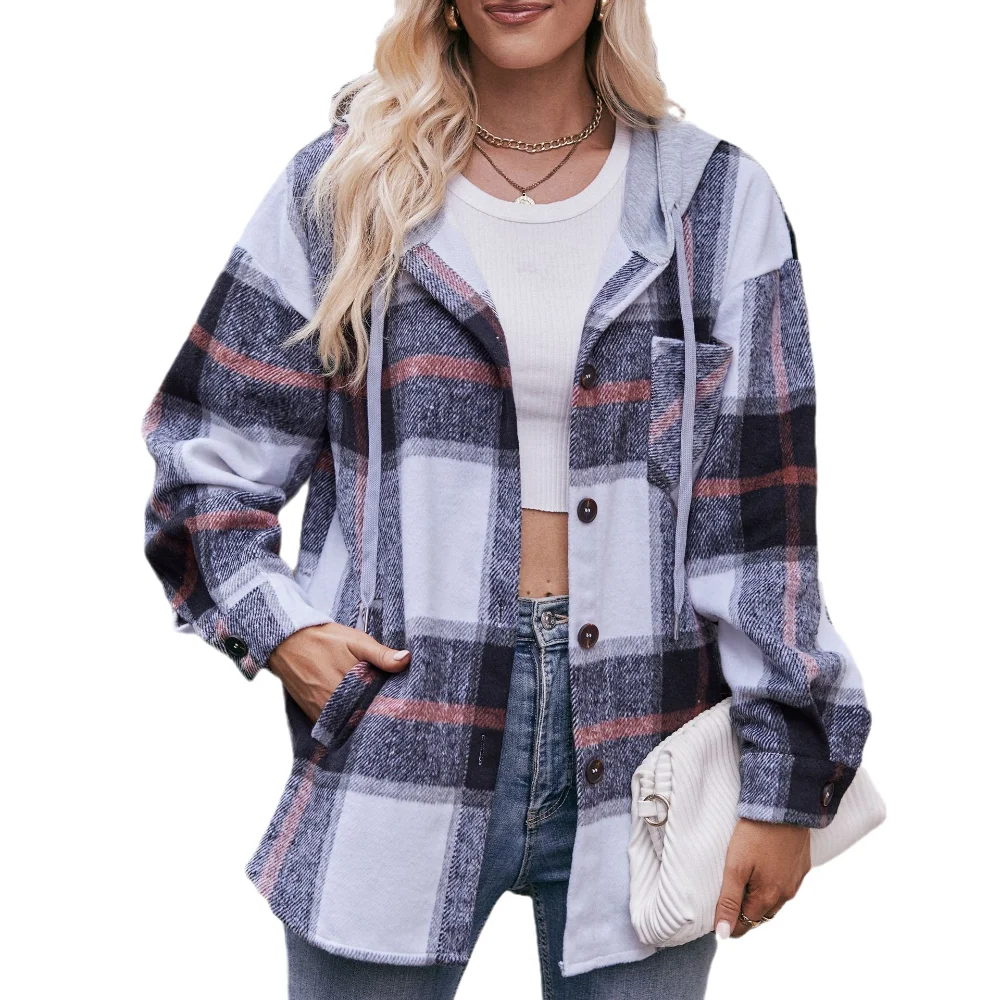 

2023 New Autumn Winter Long Sleeve Hooded Coats Womens Casual Loose Plaid Shirts Street Style Female Fashion Thick Shirts Coats