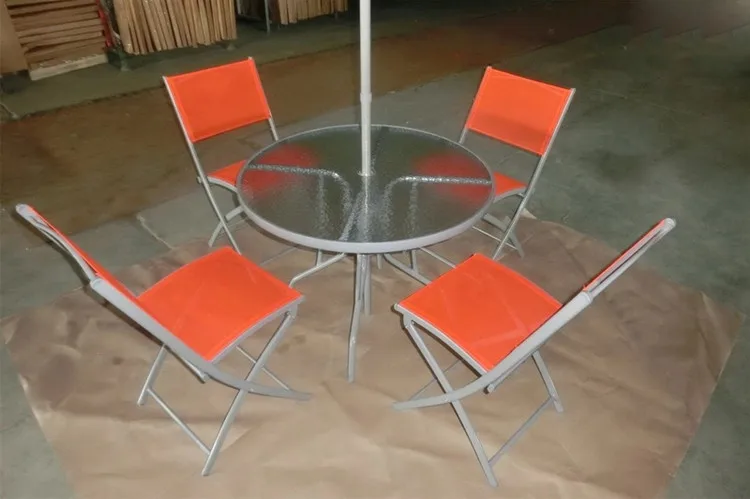 กลางแจ้ง 6 ชิ้นเหล็กสวนกาแฟ Patio พับรับประทานอาหาร Teslin เฟอร์นิเจอร์ชุดร่ม Parasol สําหรับ Shop Hotel